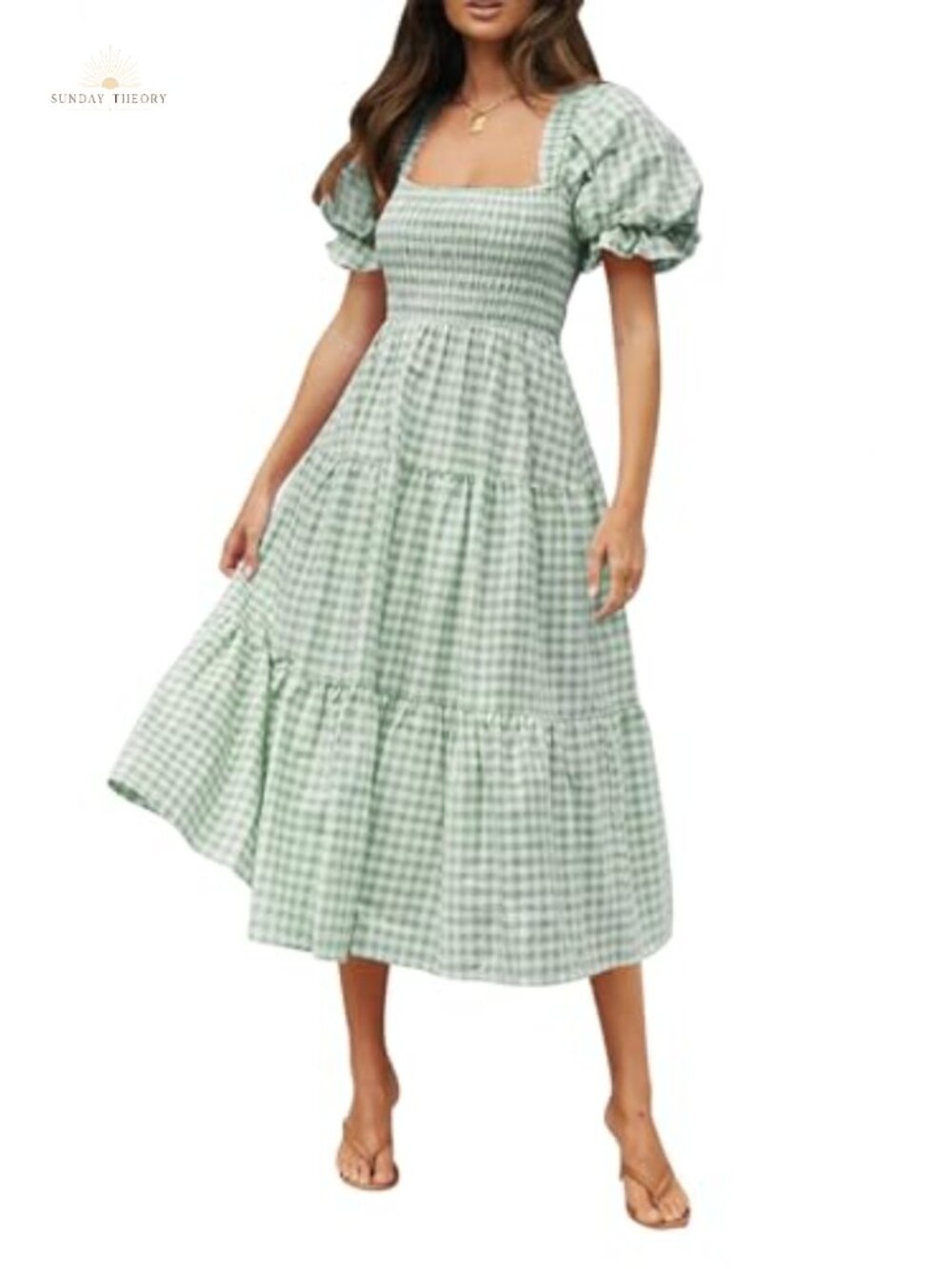 Womens Summer Boho Puff Sleeve Square Neck Midi Dress Beach